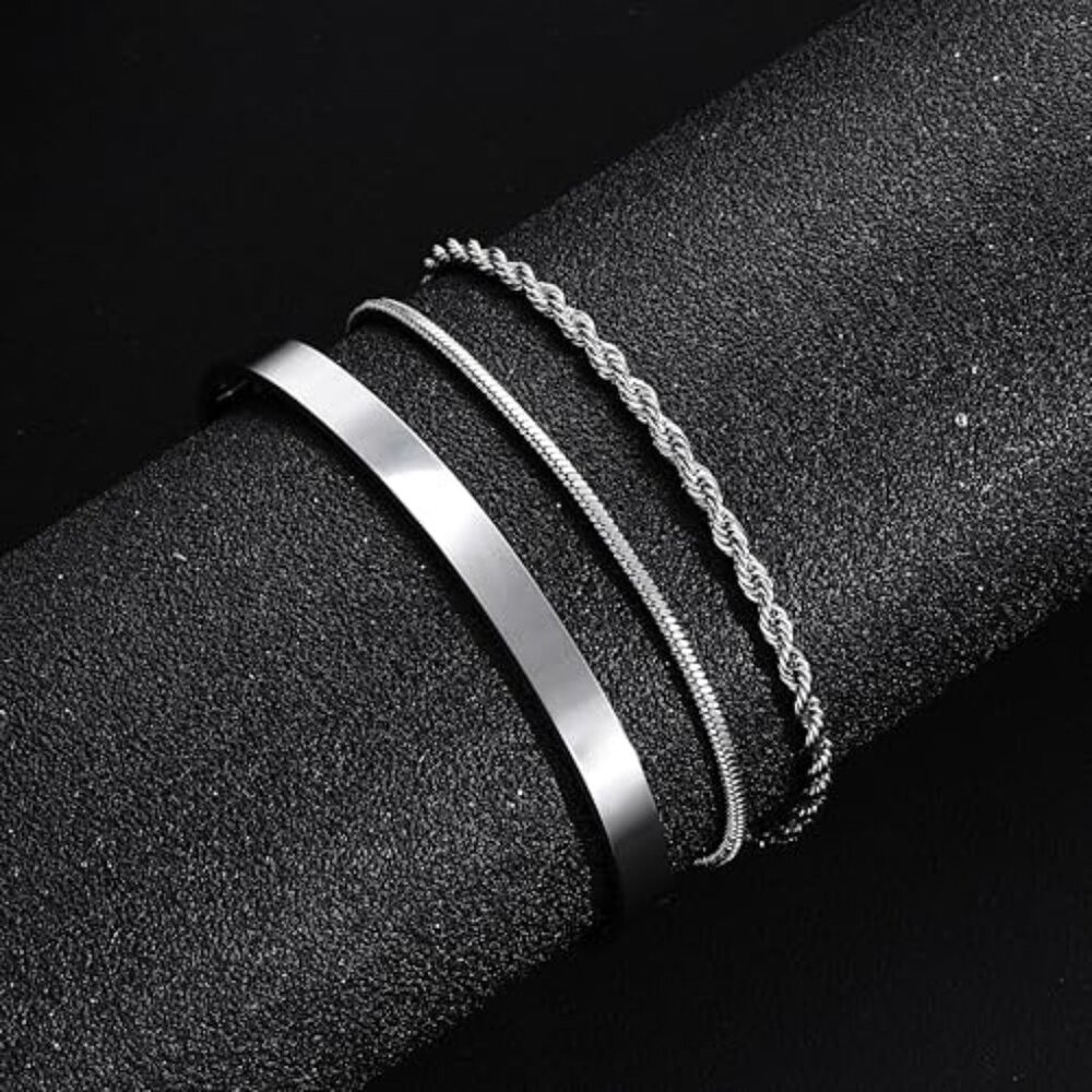 Silver Plated Men's Bracelet Set Stackable Minima… - image 8